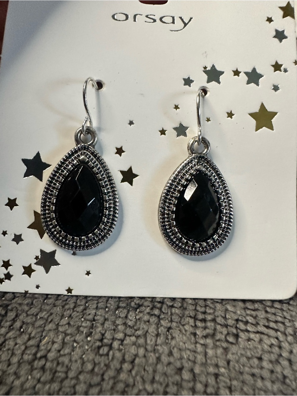 Orsay Black Teardrop Dangle Earrings with Silver-Tone Setting
